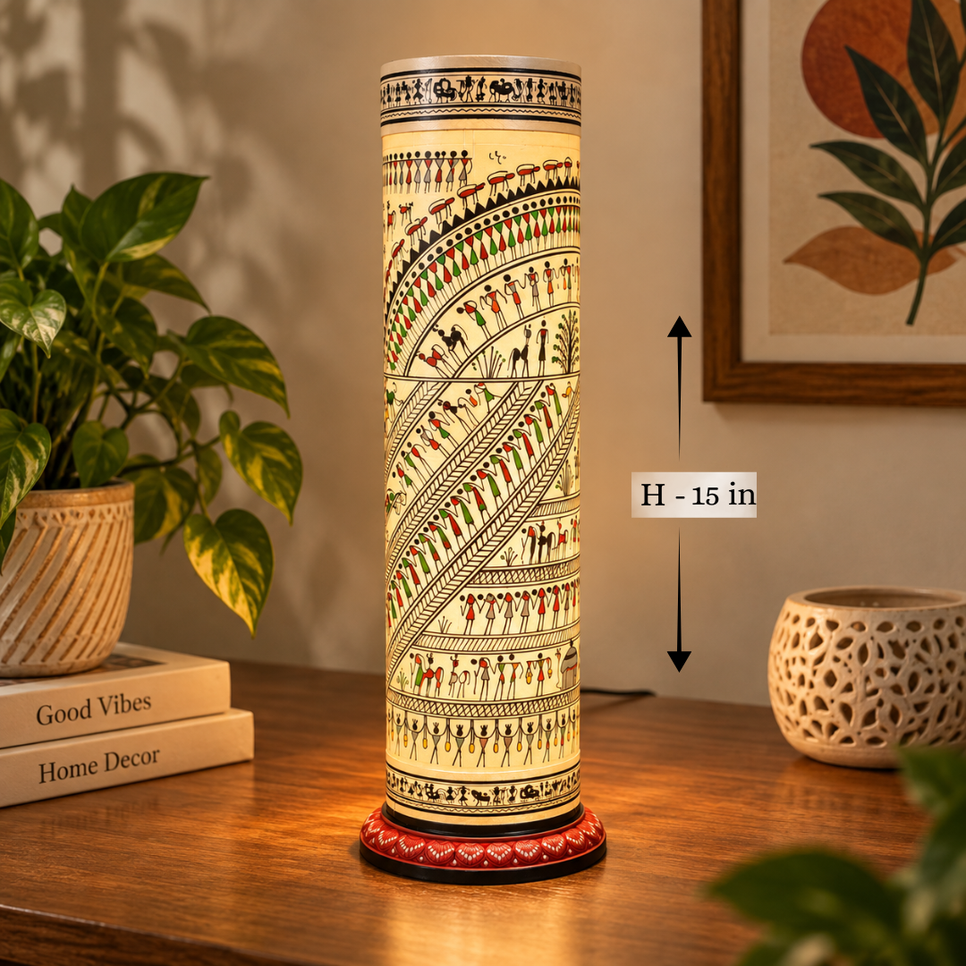 Palm Leaf Cylindrical Lamp Stand - Red Base