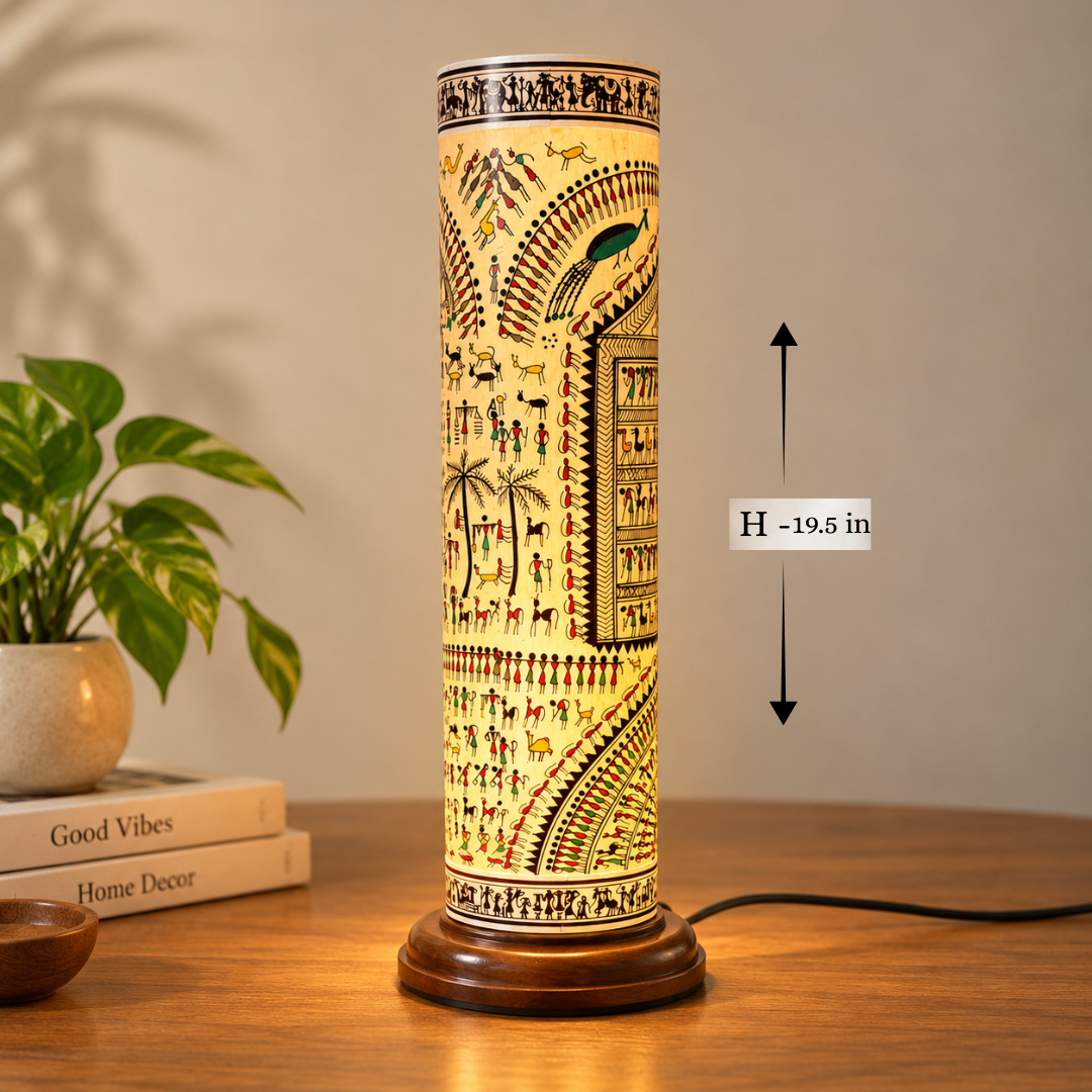 Palm Leaf Cylindrical Lamp Stand - Wood Base