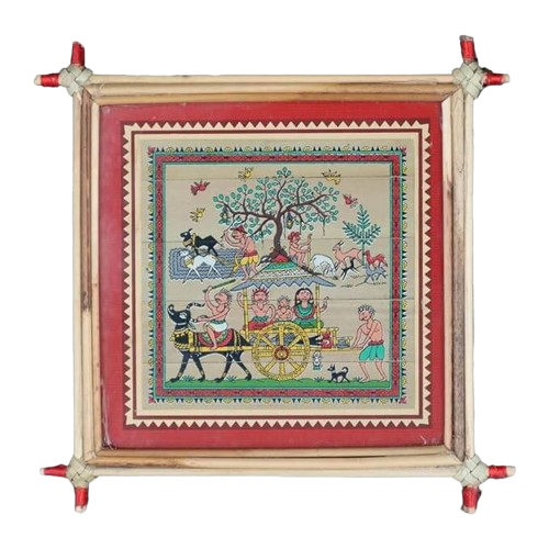 Framed Palm Leaf Village Scene Painting