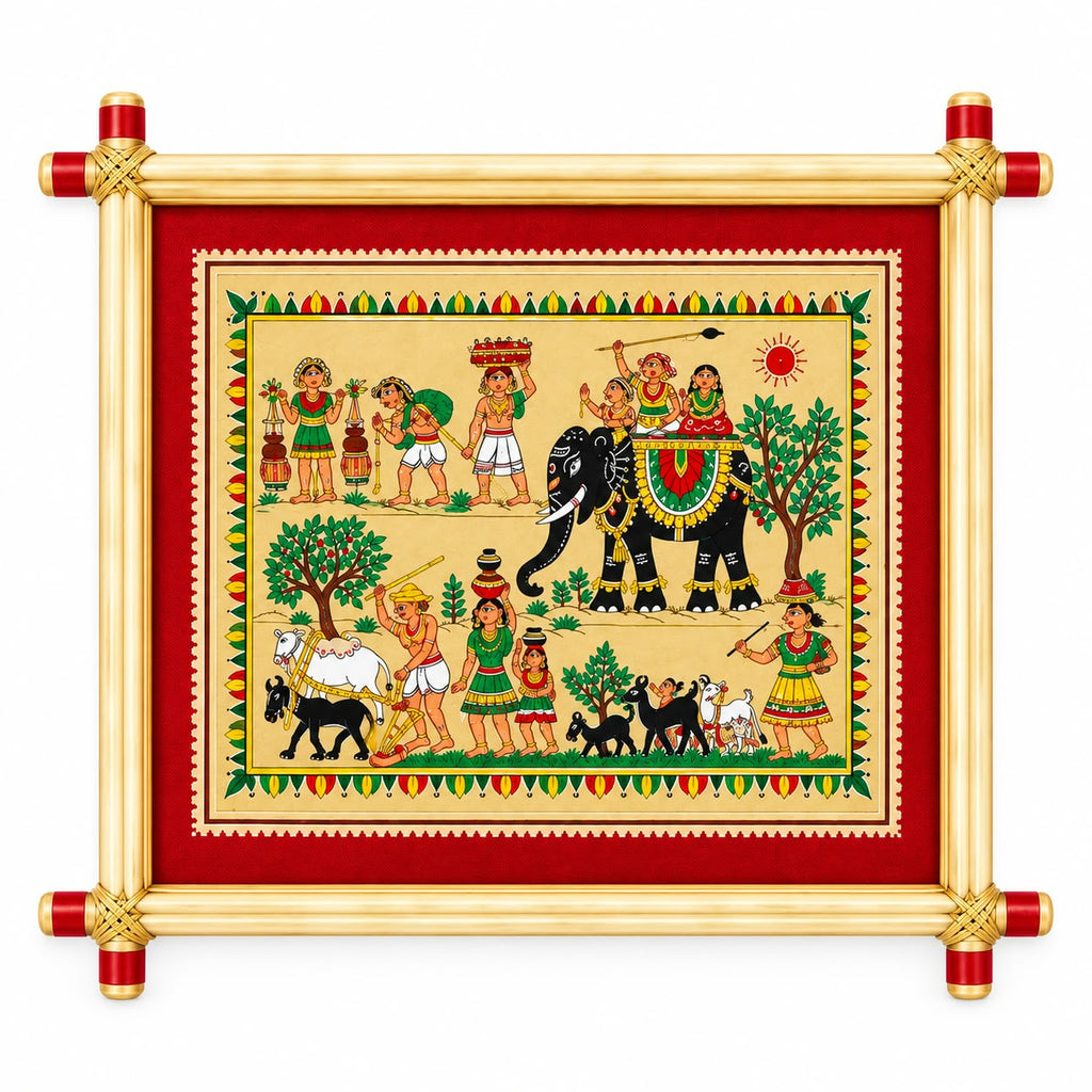 Karigarkatha Traditional Odisha Village Life & Elephant Procession Pattachitra Art – Pattachitra Wall Hanging