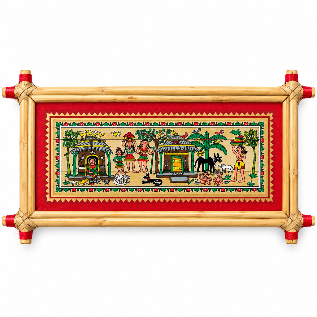 Traditional Tribal Village Life & Rural Community Folk Art Painting – Pattachitra Wall Hanging