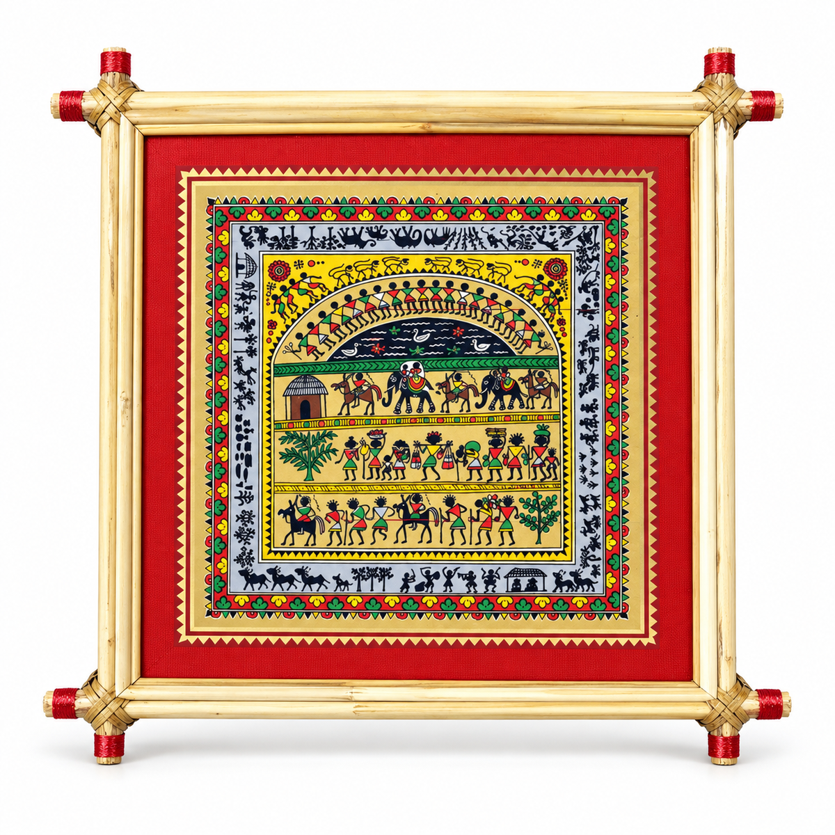 Tribal Village Life with Folk Dancers and Elephants – Traditional Indian Folk Art – Pattachitra Wall Hanging
