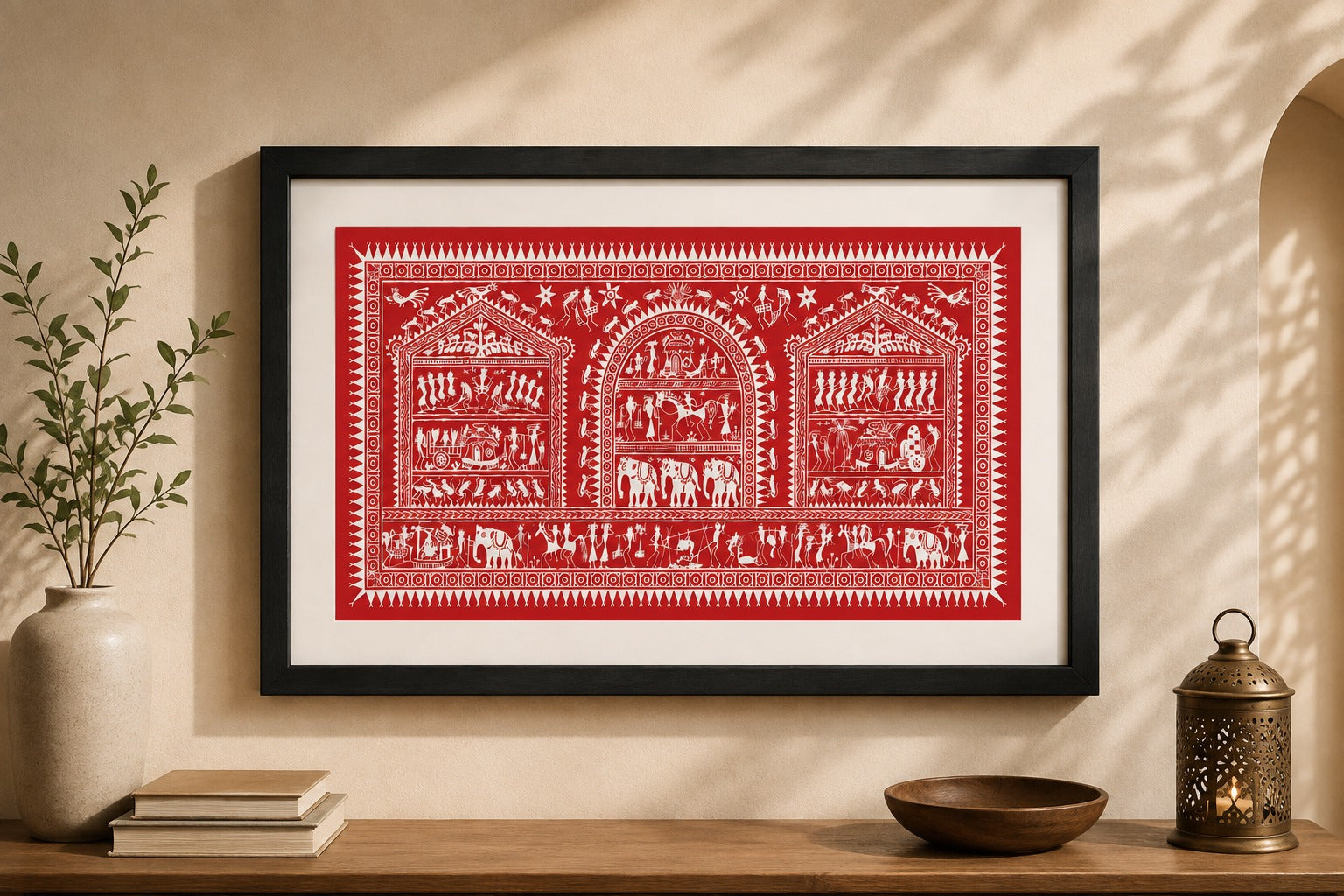 Red Tribal Community Pattachitra Wall Painting