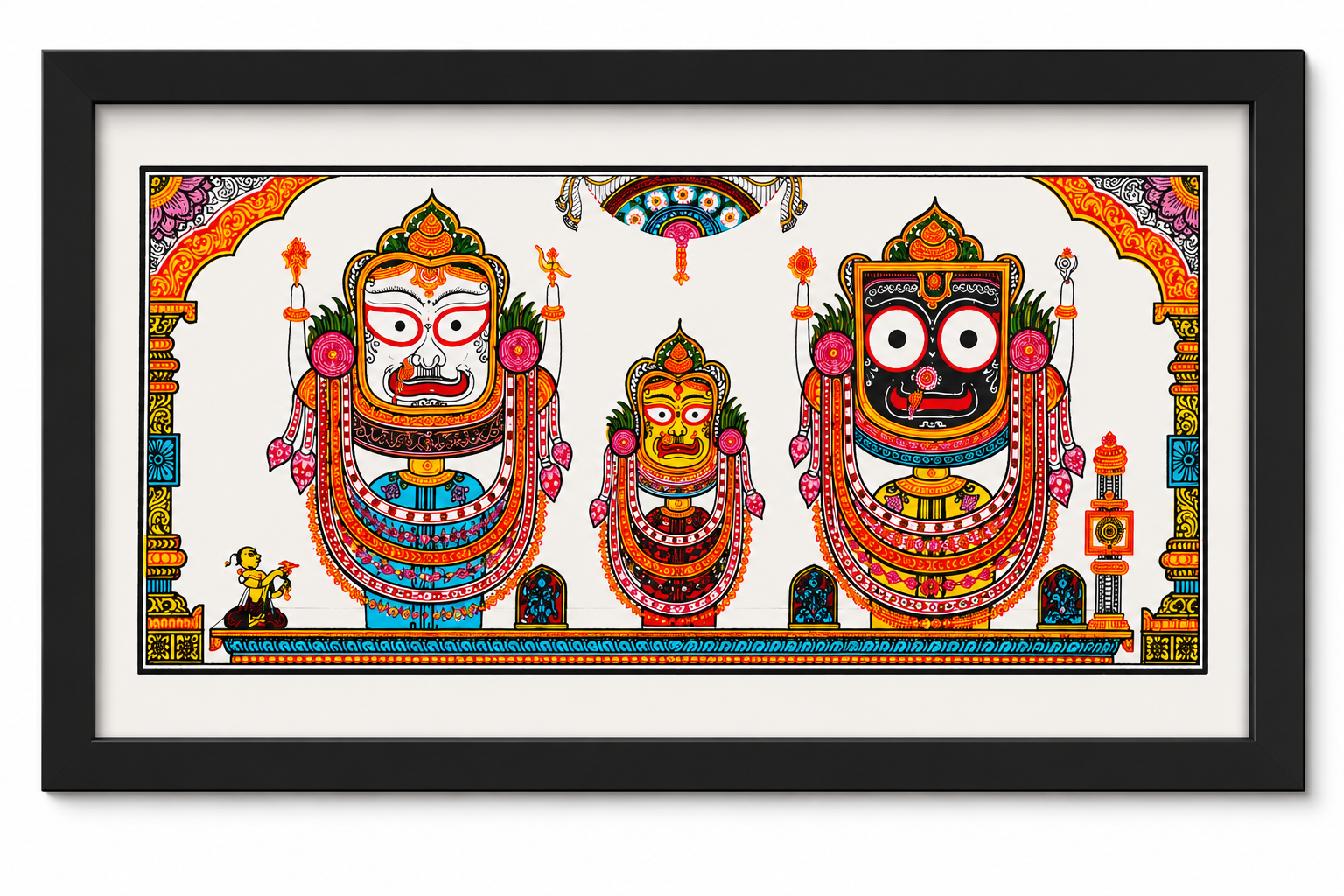 Lord Jagannath, Balabhadra and Subhadra Pattachitra wall painting in a black frame