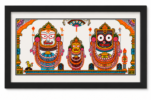 Lord Jagannath, Balabhadra and Subhadra Pattachitra wall painting in a black frame