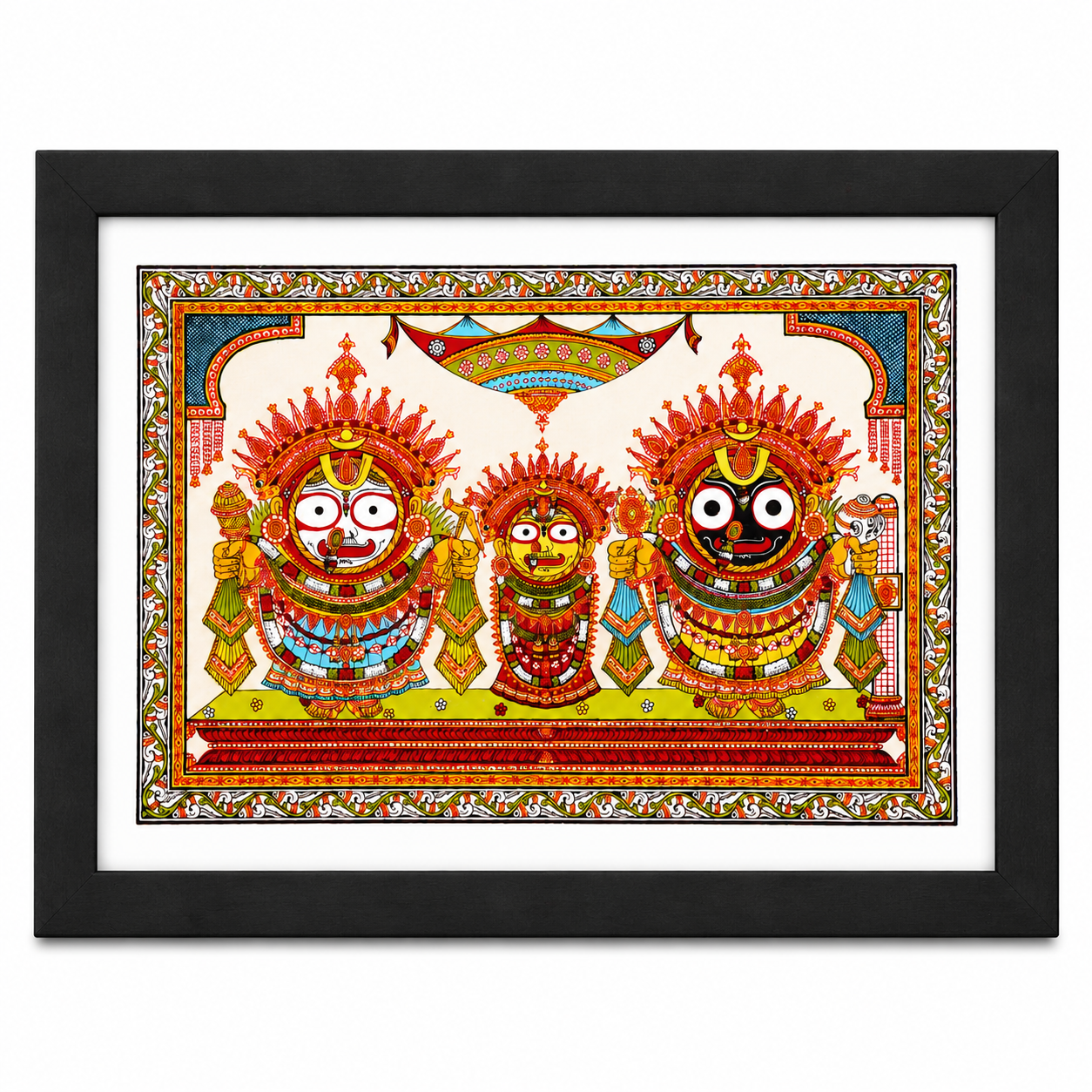 Royal Lord Jagannath, Balabhadra and Subhadra Pattachitra wall painting