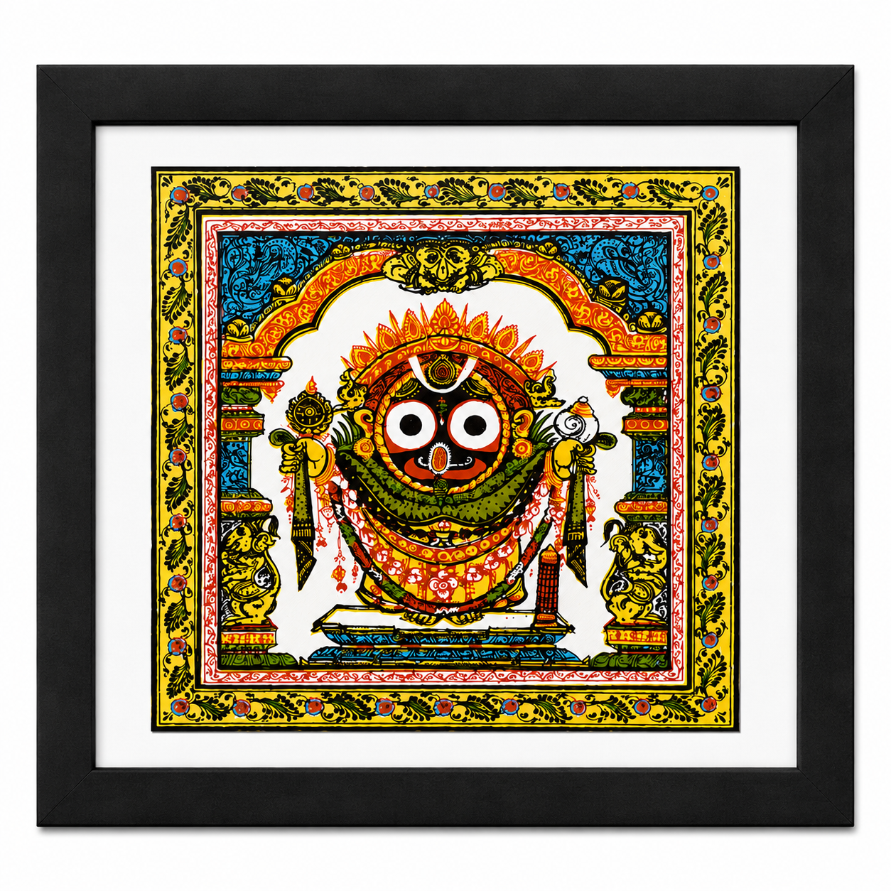 Colourful Lord Jagannath Pattachitra wall painting in a black frame