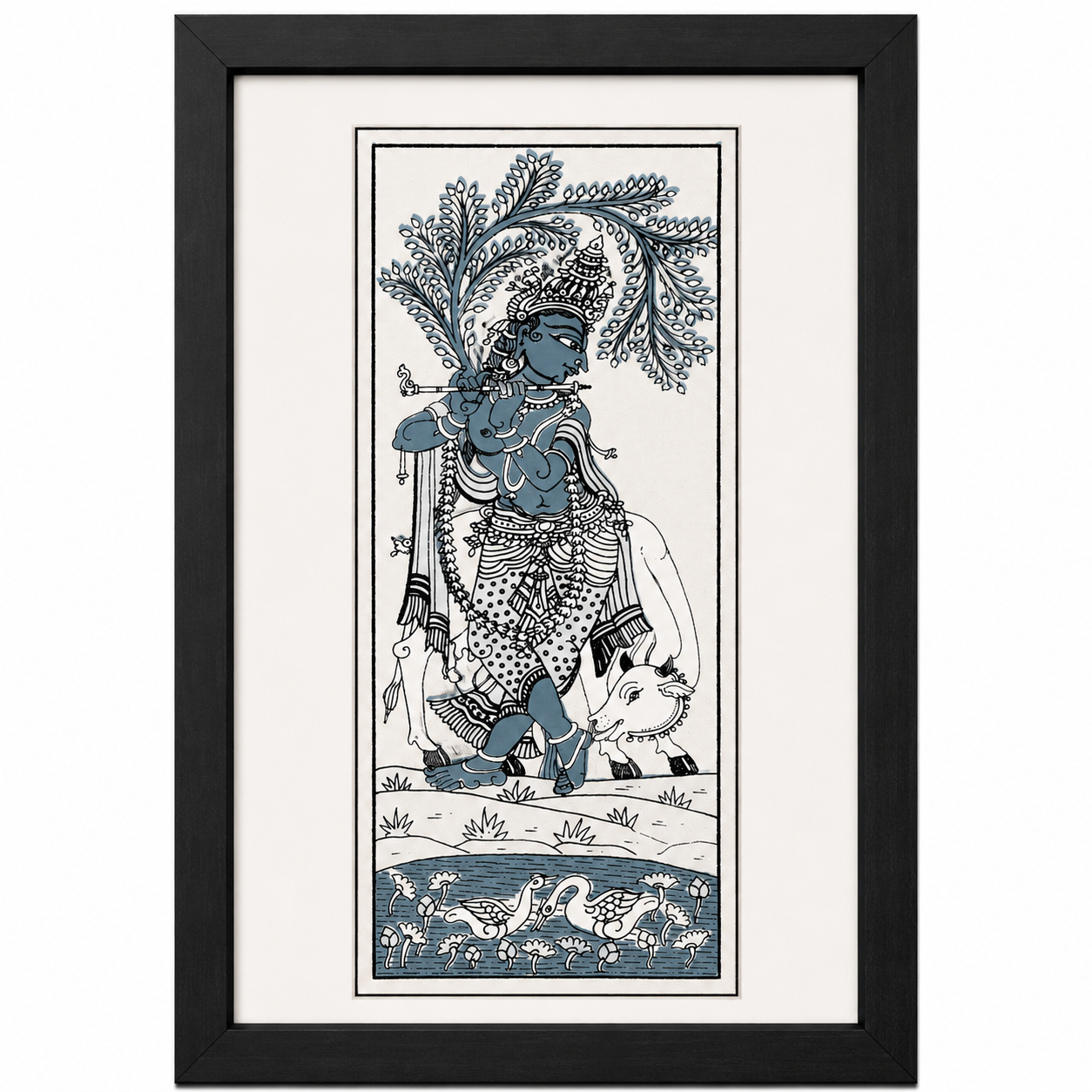 Lord Krishna with cow and peacock palm leaf wall painting in blue and black