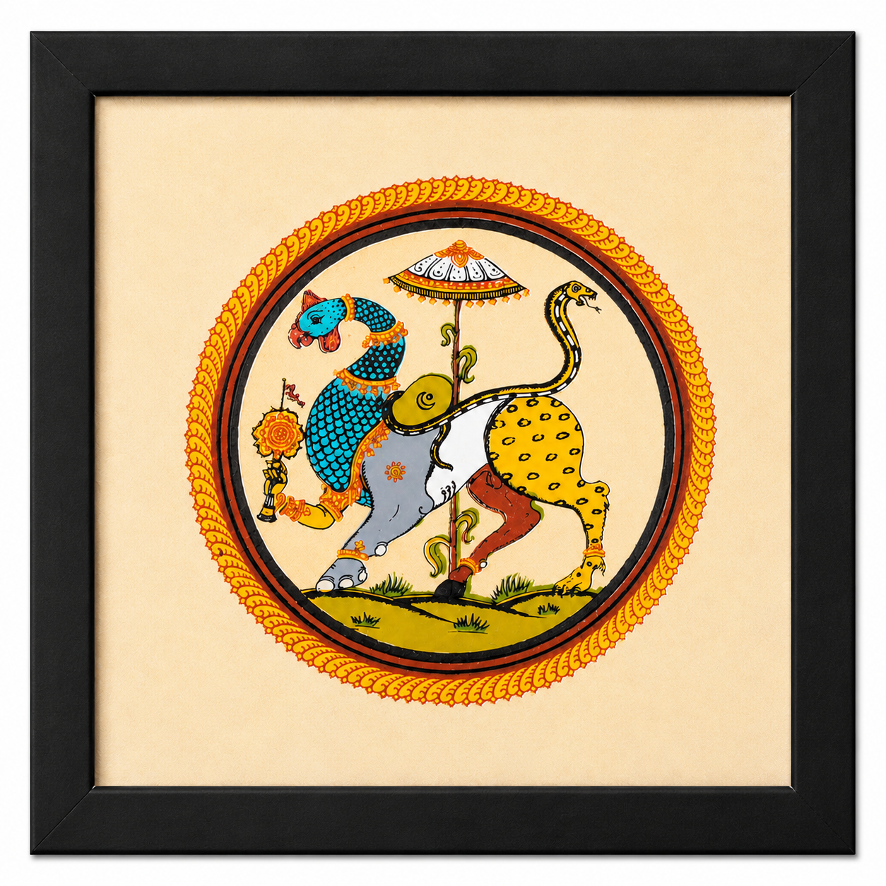 Traditional Navagunjara Pattachitra wall painting with a circular decorative border