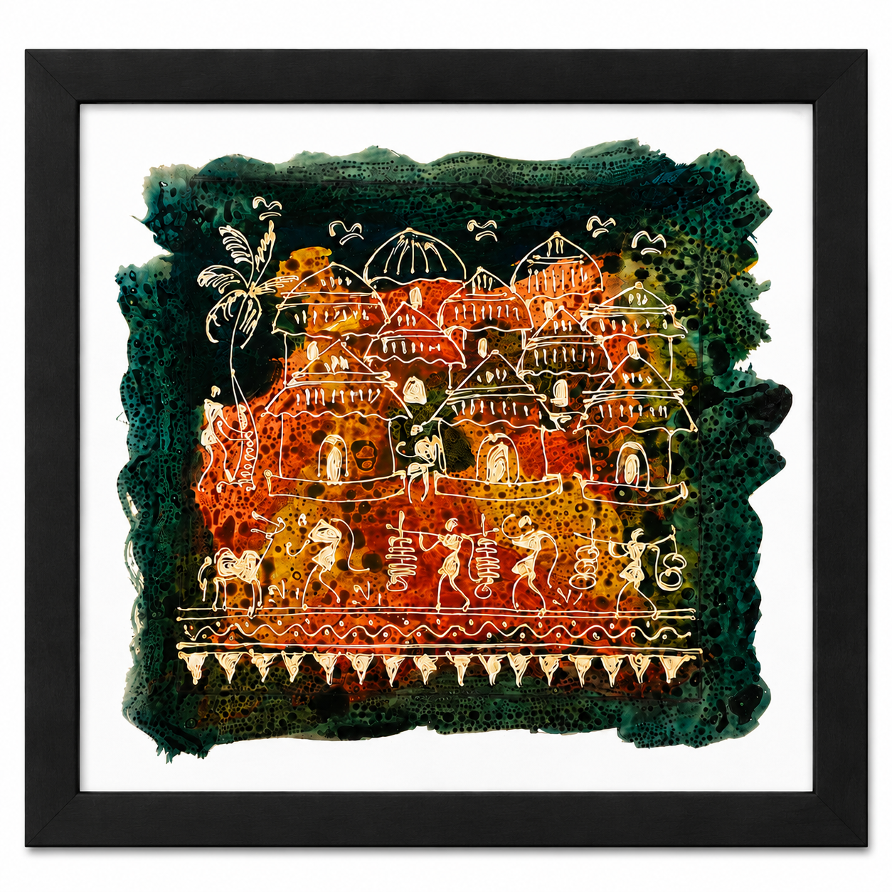 Odisha village life palm leaf painting with homes and community scenes