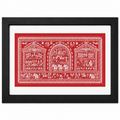 Red tribal community Pattachitra wall painting with village scenes and traditional motifs