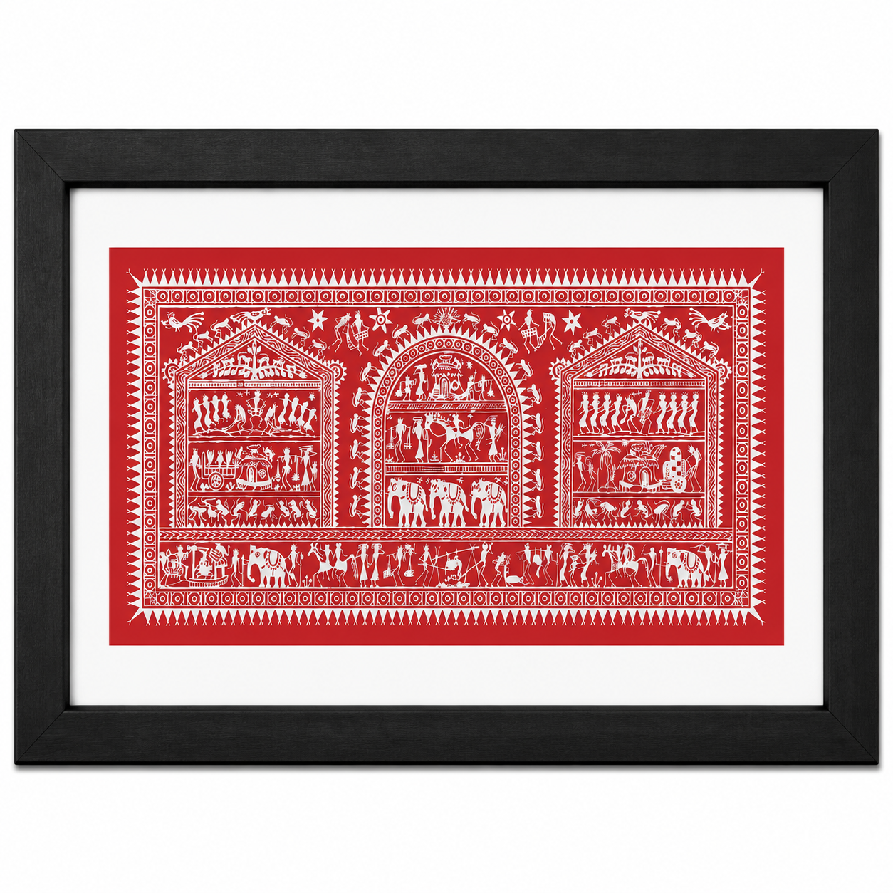 Red tribal community Pattachitra wall painting with village scenes and traditional motifs