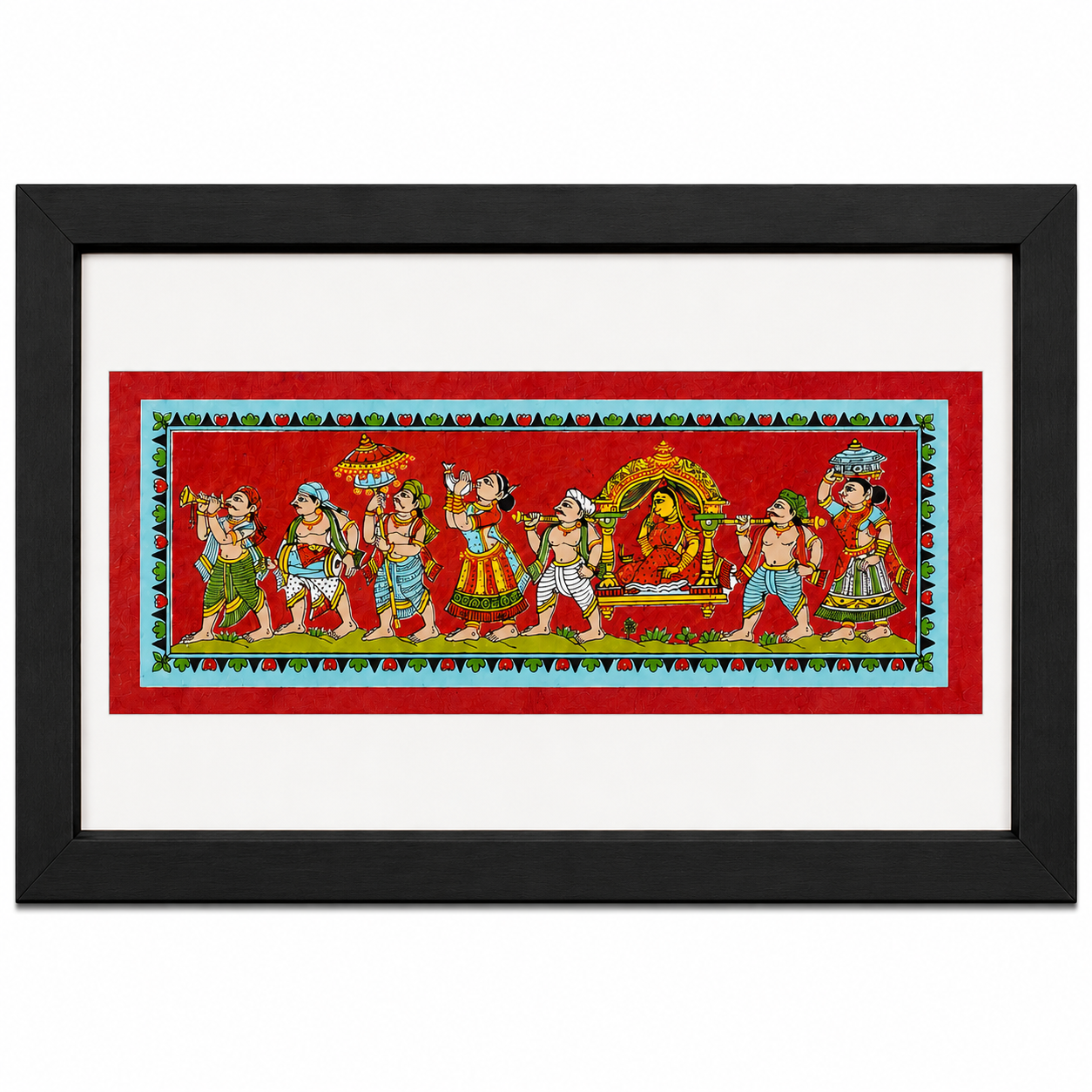 Traditional wedding procession Pattachitra wall painting with musicians and ceremonial figures