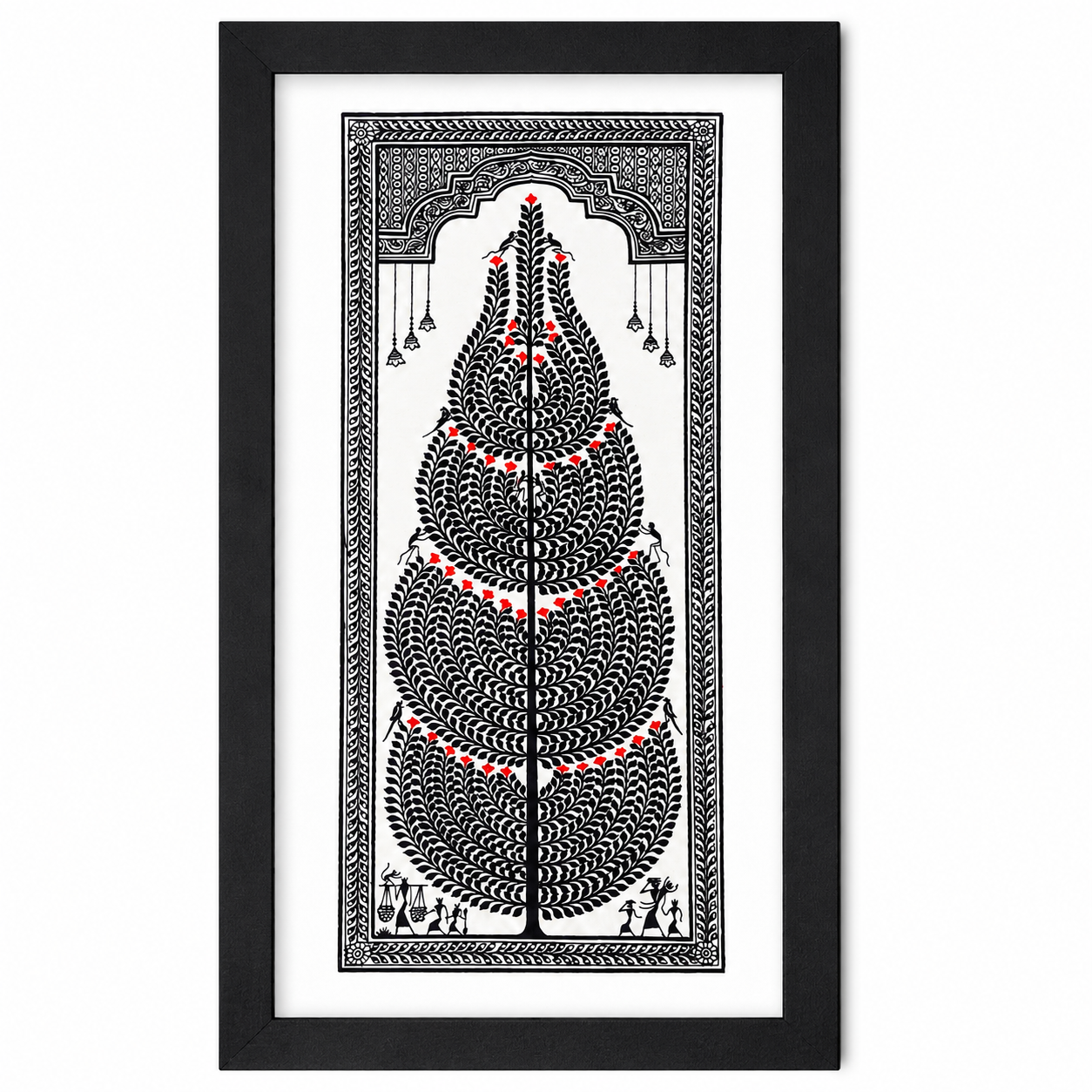 Black and white tribal Tree of Life wall painting in a black frame