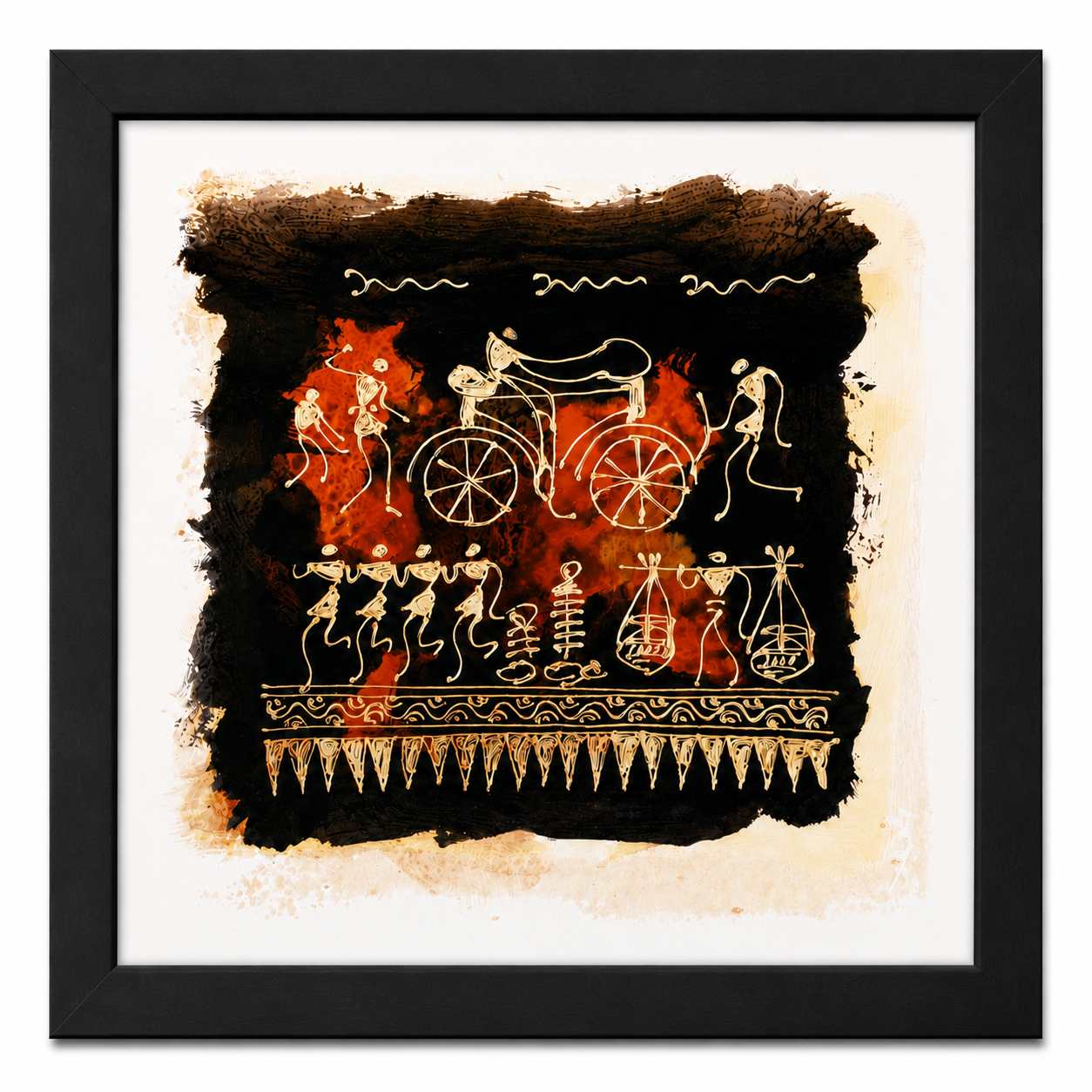 Tribal bicycle journey palm leaf painting in black and rust tones