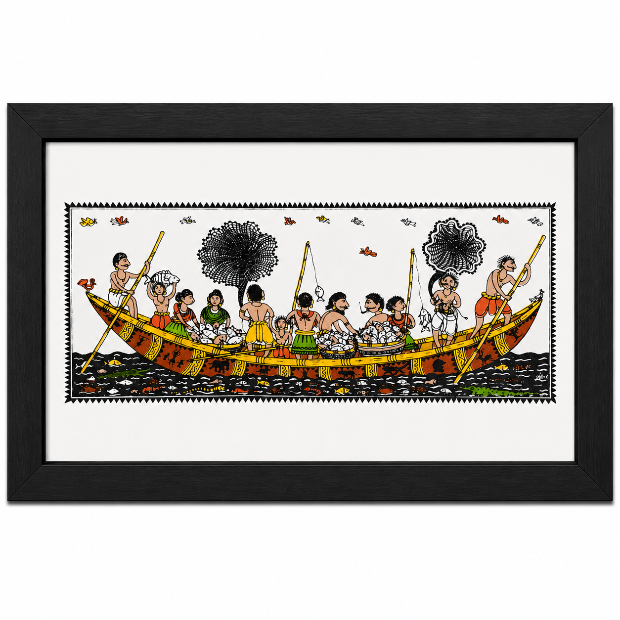 Tribal boat journey Pattachitra wall painting with villagers travelling across water