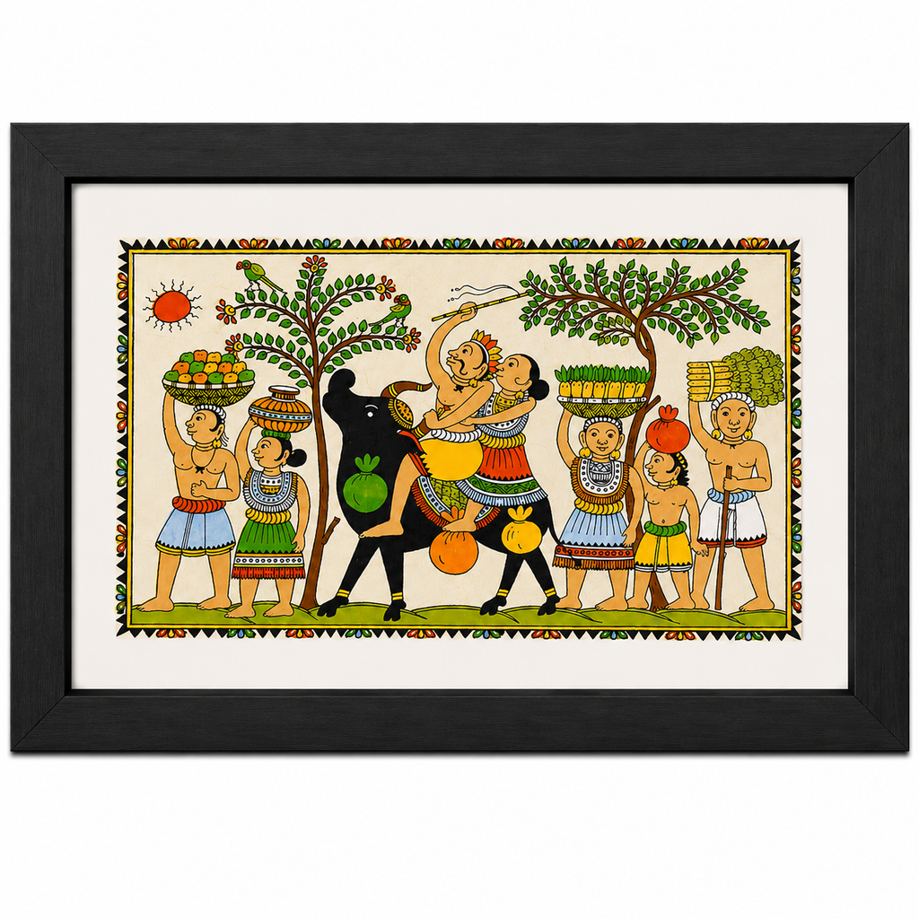 Tribal harvest celebration Pattachitra wall painting with villagers, produce and decorated cattle
