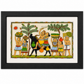 Tribal harvest celebration Pattachitra wall painting with villagers, produce and decorated cattle