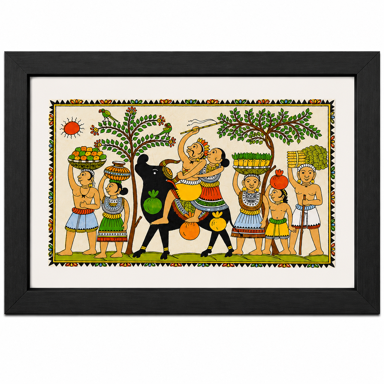 Tribal harvest celebration Pattachitra wall painting with villagers, produce and decorated cattle