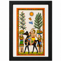 Colourful tribal horse rider Pattachitra wall painting with village women and trees