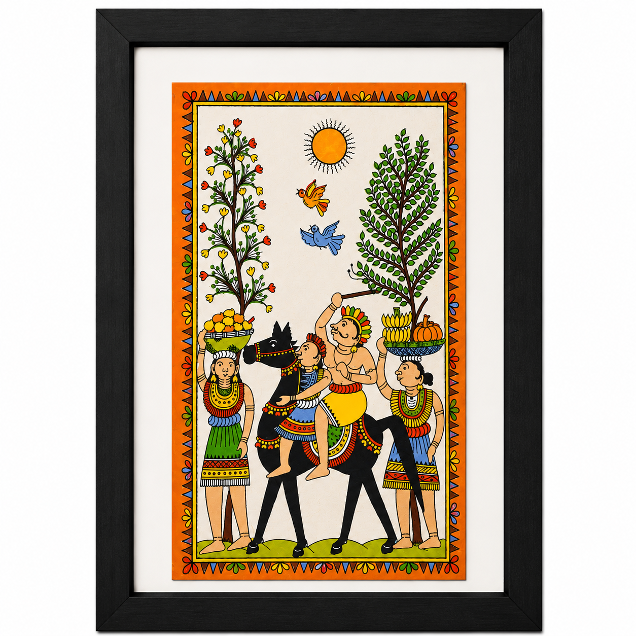 Colourful tribal horse rider Pattachitra wall painting with village women and trees