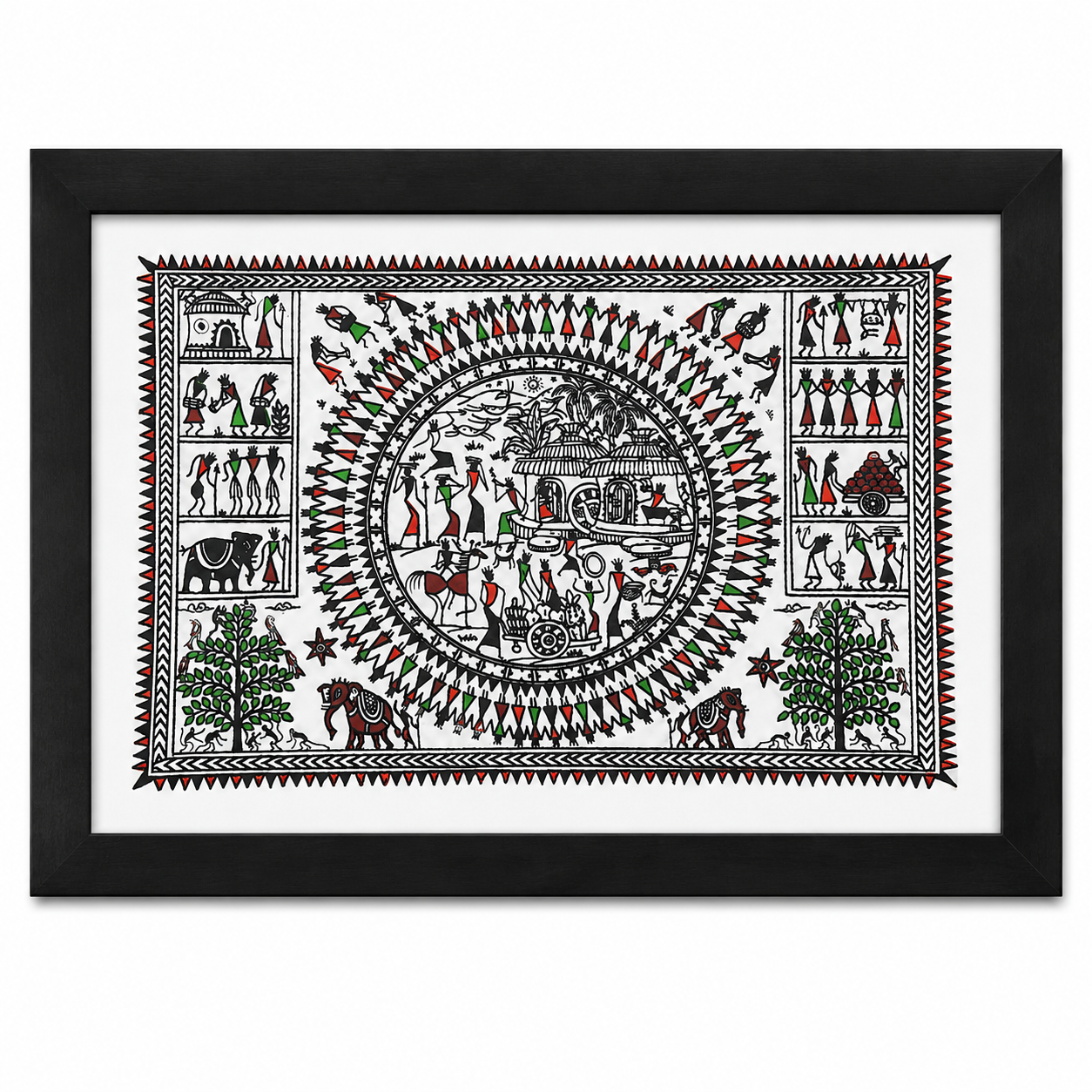 Black, red and green tribal village celebration Pattachitra wall painting
