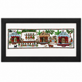 Tribal village community Pattachitra wall painting with homes and gathering scenes