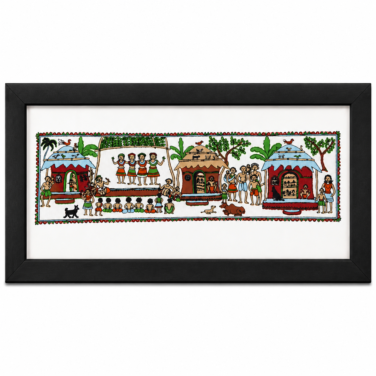 Tribal village community Pattachitra wall painting with homes and gathering scenes