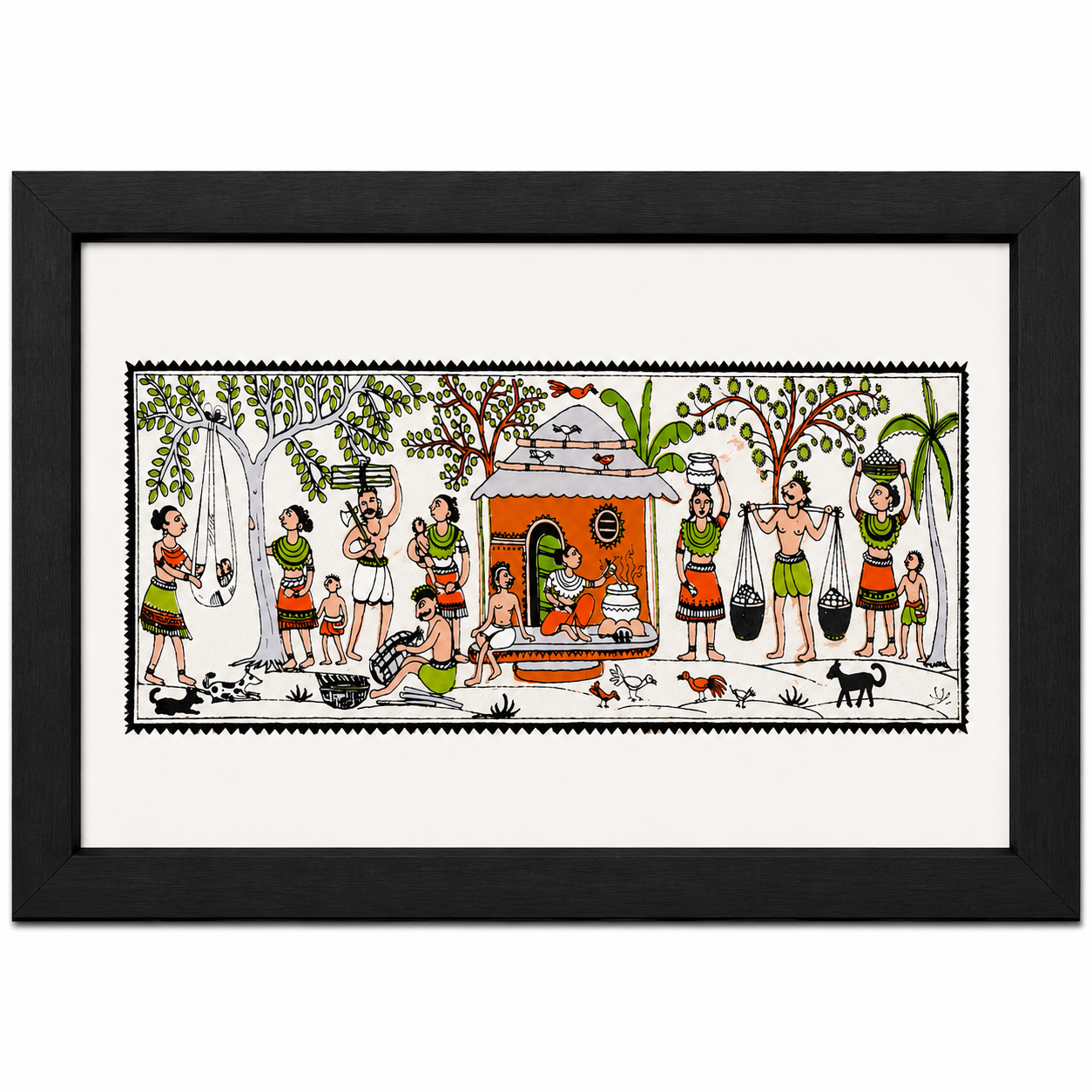 Tribal village courtyard Pattachitra wall painting with villagers, trees and a traditional home