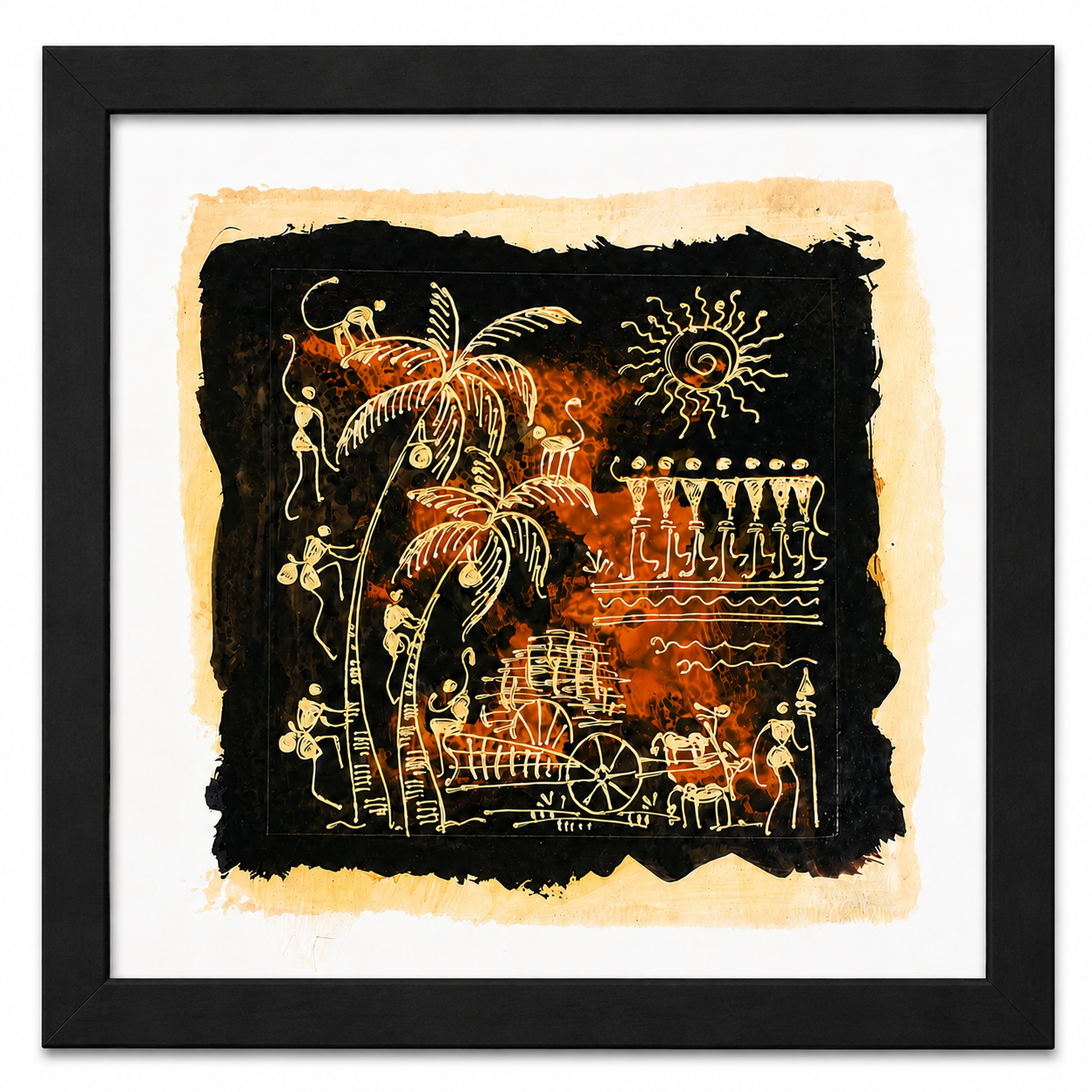 Tribal village life palm leaf wall painting in earthy black and rust tones