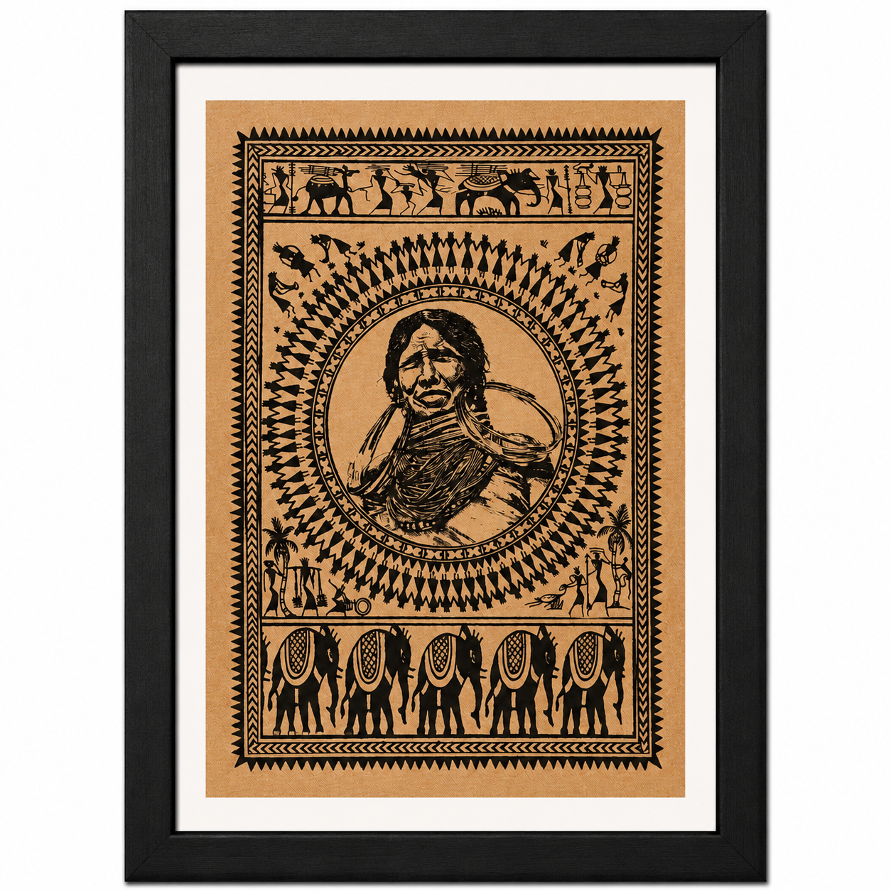 Tribal woman portrait palm leaf wall painting with traditional geometric motifs